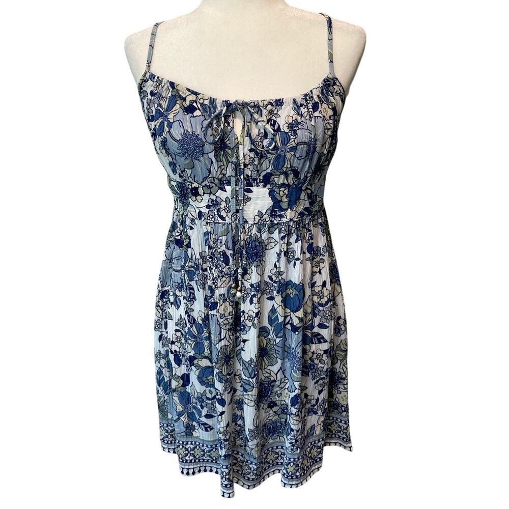 Angie Babydoll Mini Dress Sz M Tie Neck Blue Floral Smocked Back Boho Festival